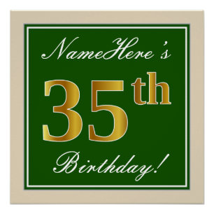 Elegant, Green, Faux Gold 35th Birthday + Name Poster