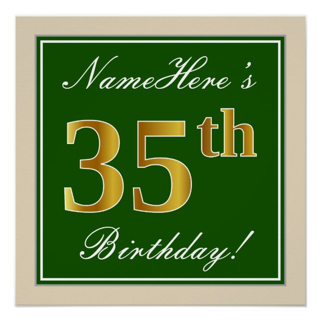 Elegant, Green, Faux Gold 35th Birthday + Name Poster (Front)