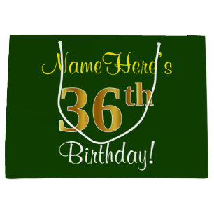Elegant, Green, Faux Gold 36th Birthday + Name Large Gift Bag