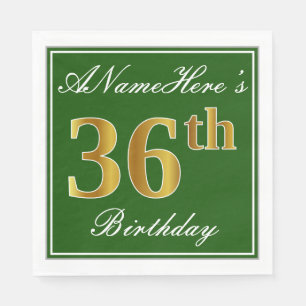 Elegant Green, Faux Gold 36th Birthday + Name Napkin