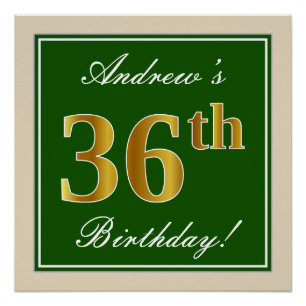 Elegant, Green, Faux Gold 36th Birthday + Name Poster
