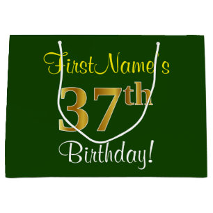 Elegant, Green, Faux Gold 37th Birthday + Name Large Gift Bag