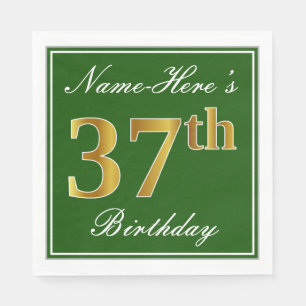 Elegant Green, Faux Gold 37th Birthday + Name Napkin