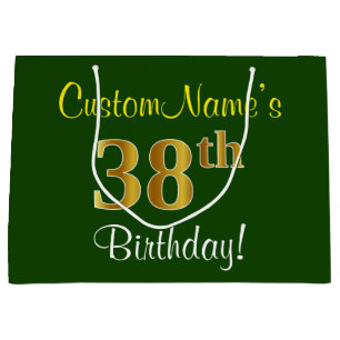 Elegant, Green, Faux Gold 38th Birthday + Name Large Gift Bag