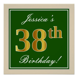 Elegant, Green, Faux Gold 38th Birthday + Name Poster