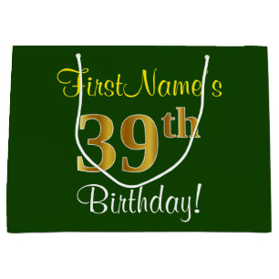 Elegant, Green, Faux Gold 39th Birthday + Name Large Gift Bag