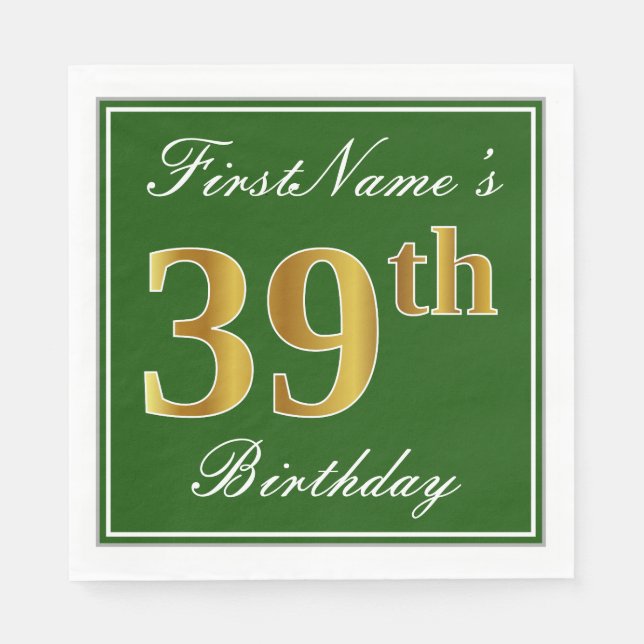 Elegant Green, Faux Gold 39th Birthday + Name Napkin (Front)