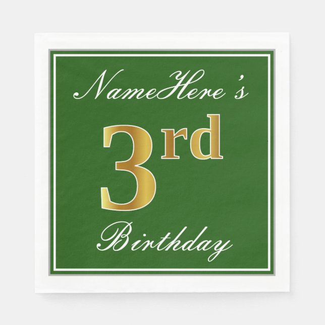 Elegant Green, Faux Gold 3rd Birthday; Custom Name Napkin (Front)