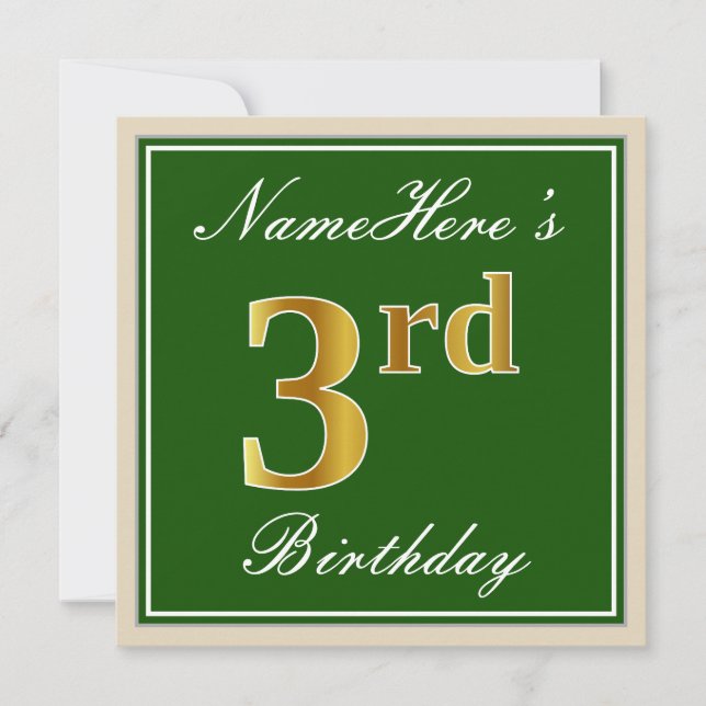 Elegant, Green, Faux Gold 3rd Birthday + Name Invitation (Front)