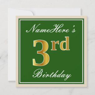 Elegant, Green, Faux Gold 3rd Birthday + Name Invitation