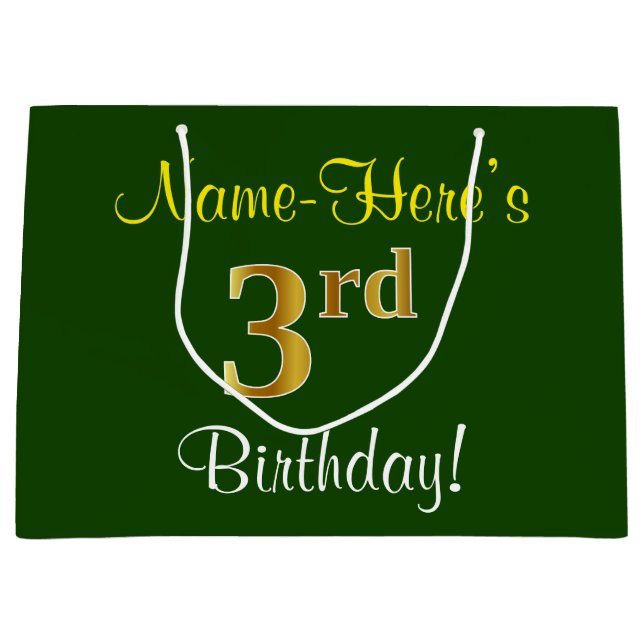 Elegant, Green, Faux Gold 3rd Birthday + Name Large Gift Bag (Front)
