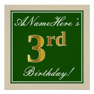 Elegant, Green, Faux Gold 3rd Birthday + Name Poster