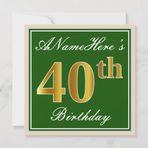 Elegant, Green, Faux Gold 40th Birthday + Name Invitation