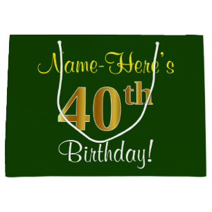 Elegant, Green, Faux Gold 40th Birthday + Name Large Gift Bag