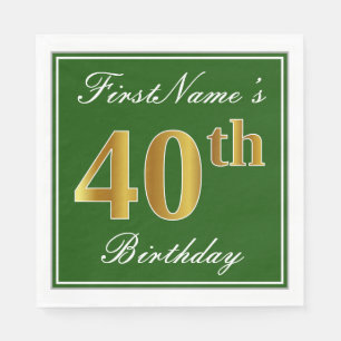 Elegant Green, Faux Gold 40th Birthday + Name Napkin