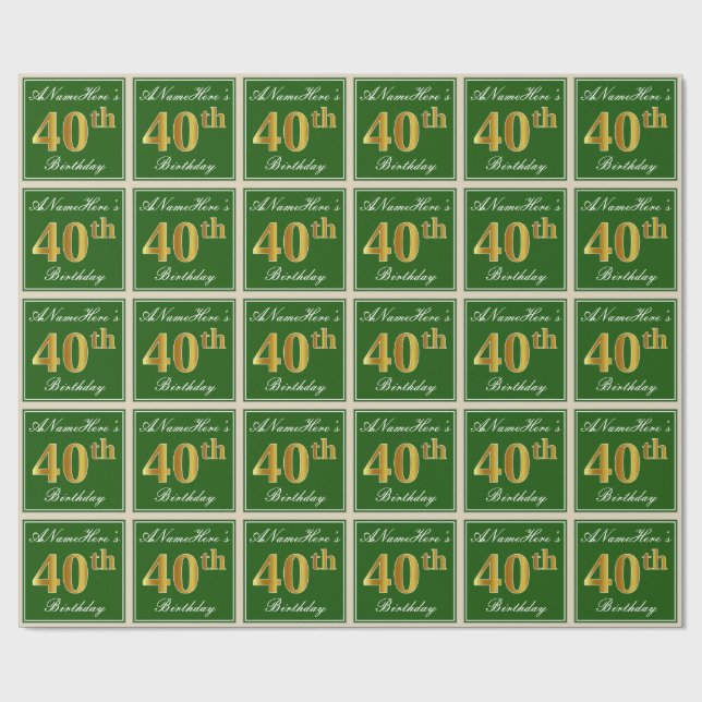 Elegant, Green, Faux Gold 40th Birthday + Name Wrapping Paper (Flat)