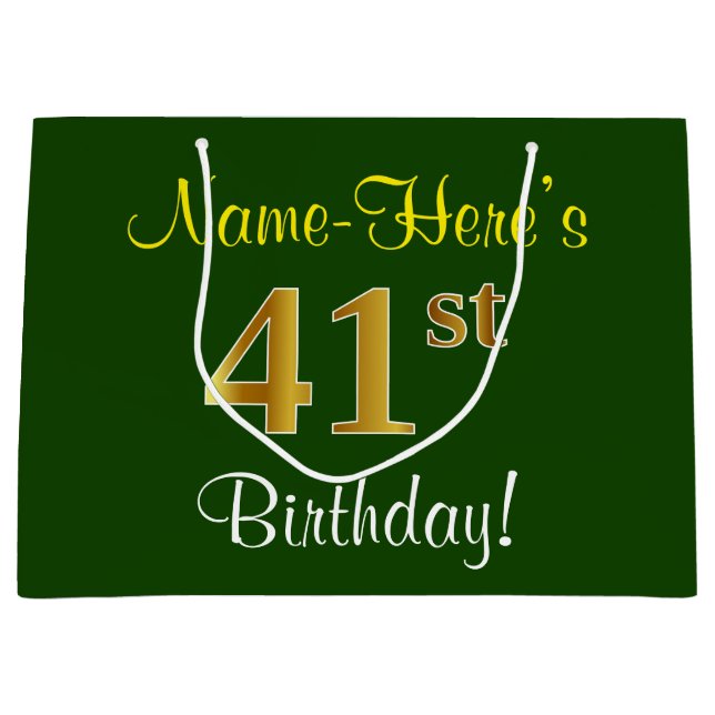 Elegant, Green, Faux Gold 41st Birthday + Name Large Gift Bag (Front)