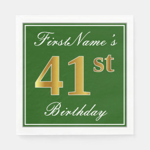 Elegant Green, Faux Gold 41st Birthday + Name Napkin