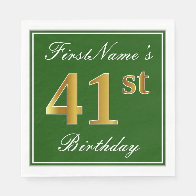 Elegant Green, Faux Gold 41st Birthday + Name Napkin (Front)