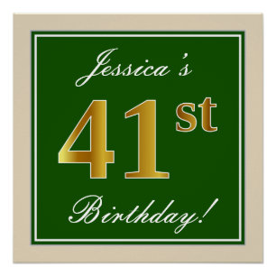 Elegant, Green, Faux Gold 41st Birthday + Name Poster