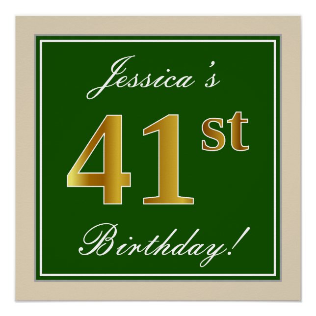 Elegant, Green, Faux Gold 41st Birthday + Name Poster (Front)