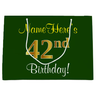 Elegant, Green, Faux Gold 42nd Birthday + Name Large Gift Bag