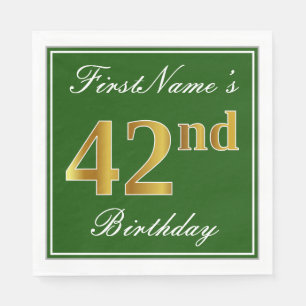 Elegant Green, Faux Gold 42nd Birthday + Name Napkin