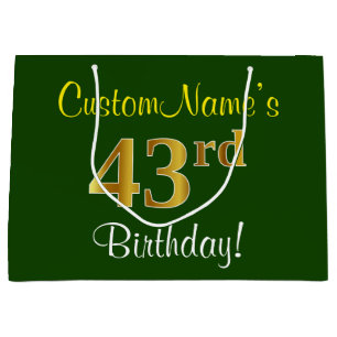 Elegant, Green, Faux Gold 43rd Birthday + Name Large Gift Bag