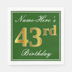 Elegant Green, Faux Gold 43rd Birthday + Name Napkin