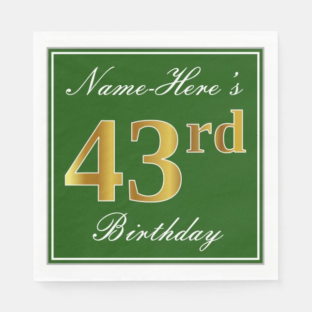 Elegant Green, Faux Gold 43rd Birthday + Name Napkin (Front)