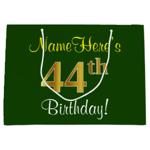 Elegant, Green, Faux Gold 44th Birthday + Name Large Gift Bag