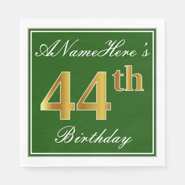 Elegant Green, Faux Gold 44th Birthday + Name Napkin (Front)
