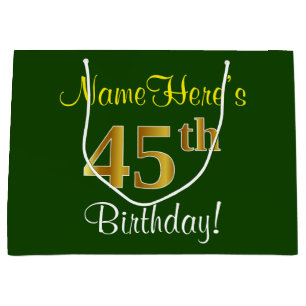 Elegant, Green, Faux Gold 45th Birthday + Name Large Gift Bag