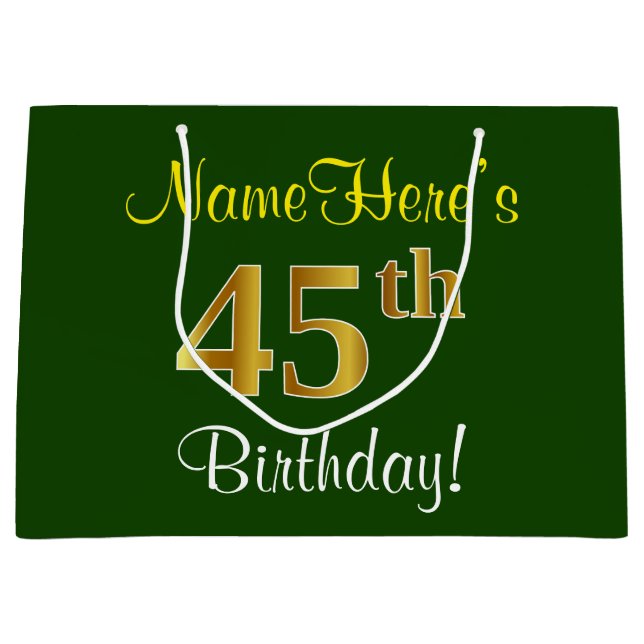 Elegant, Green, Faux Gold 45th Birthday + Name Large Gift Bag (Front)