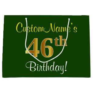 Elegant, Green, Faux Gold 46th Birthday + Name Large Gift Bag