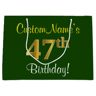 Elegant, Green, Faux Gold 47th Birthday + Name Large Gift Bag