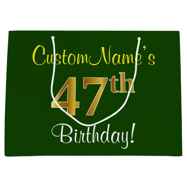 Elegant, Green, Faux Gold 47th Birthday + Name Large Gift Bag (Front)