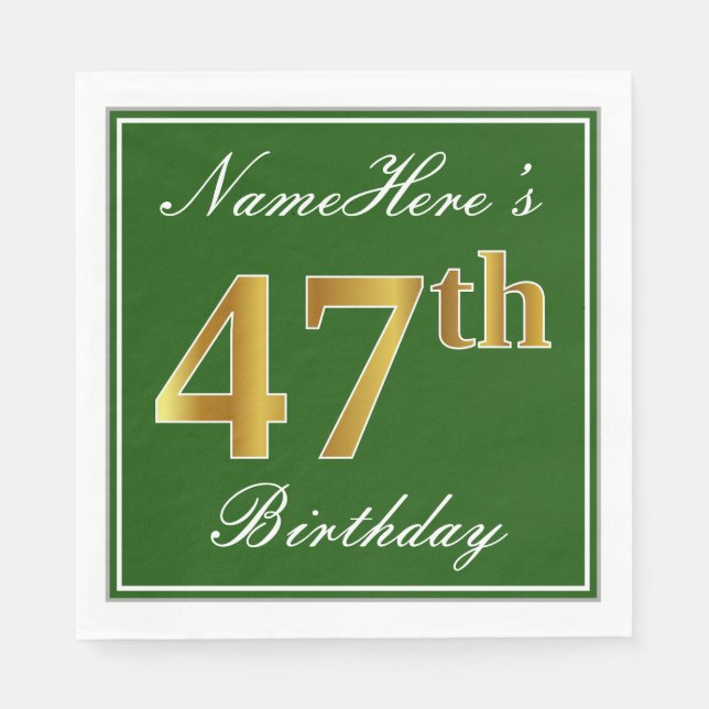 Elegant Green, Faux Gold 47th Birthday + Name Napkin (Front)