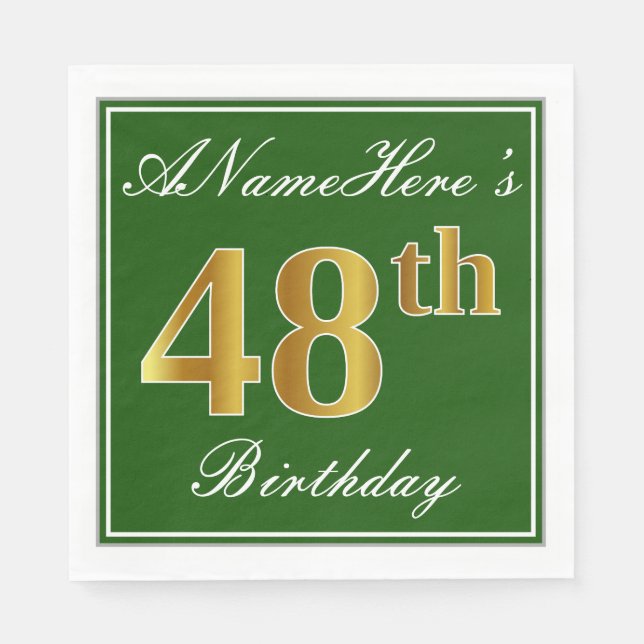 Elegant Green, Faux Gold 48th Birthday + Name Napkin (Front)