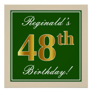 Elegant, Green, Faux Gold 48th Birthday + Name Poster