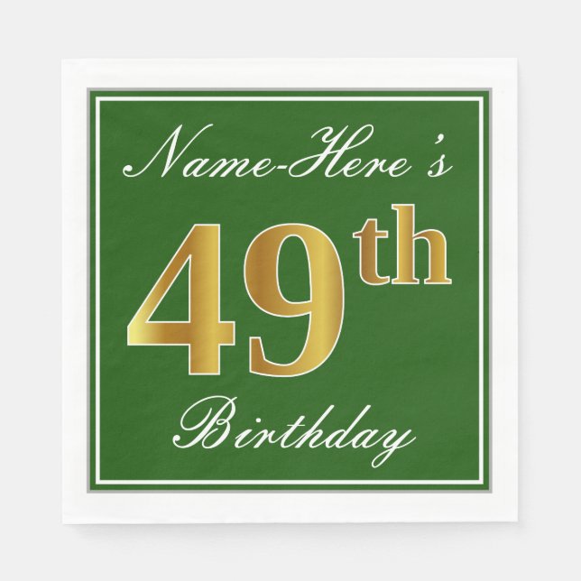 Elegant Green, Faux Gold 49th Birthday + Name Napkin (Front)