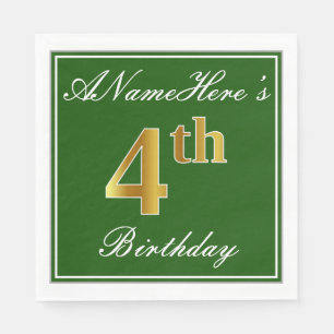Elegant Green, Faux Gold 4th Birthday; Custom Name Napkin