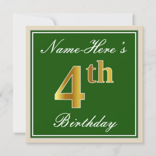 Elegant, Green, Faux Gold 4th Birthday + Name Invitation