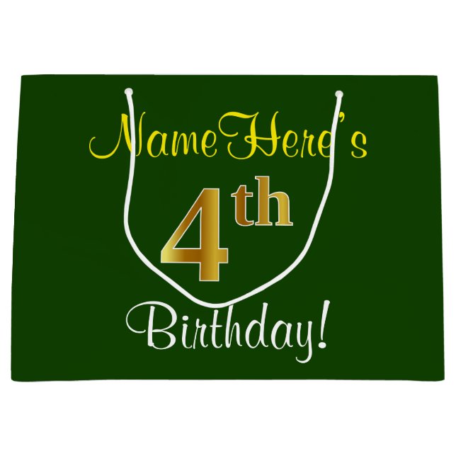 Elegant, Green, Faux Gold 4th Birthday + Name Large Gift Bag (Front)