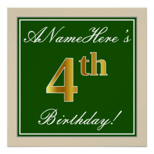 Elegant, Green, Faux Gold 4th Birthday + Name Poster