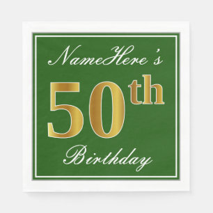 Elegant Green, Faux Gold 50th Birthday + Name Napkin