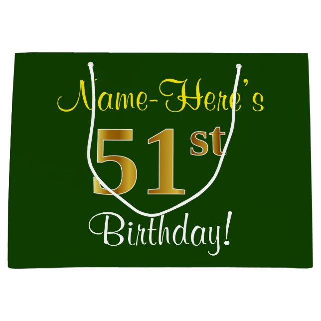 Elegant, Green, Faux Gold 51st Birthday + Name Large Gift Bag (Front)