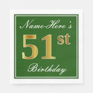 Elegant Green, Faux Gold 51st Birthday + Name Napkin