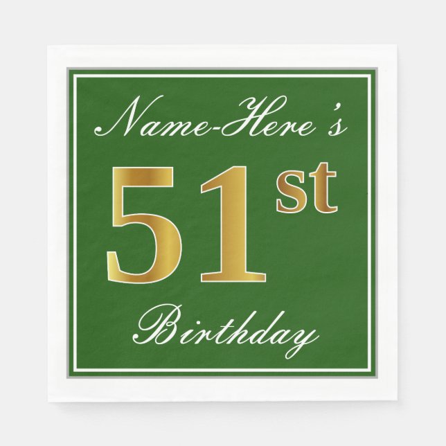 Elegant Green, Faux Gold 51st Birthday + Name Napkin (Front)