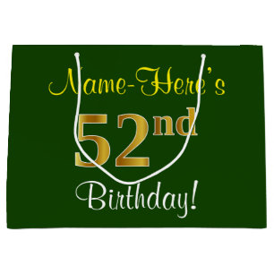 Elegant, Green, Faux Gold 52nd Birthday + Name Large Gift Bag